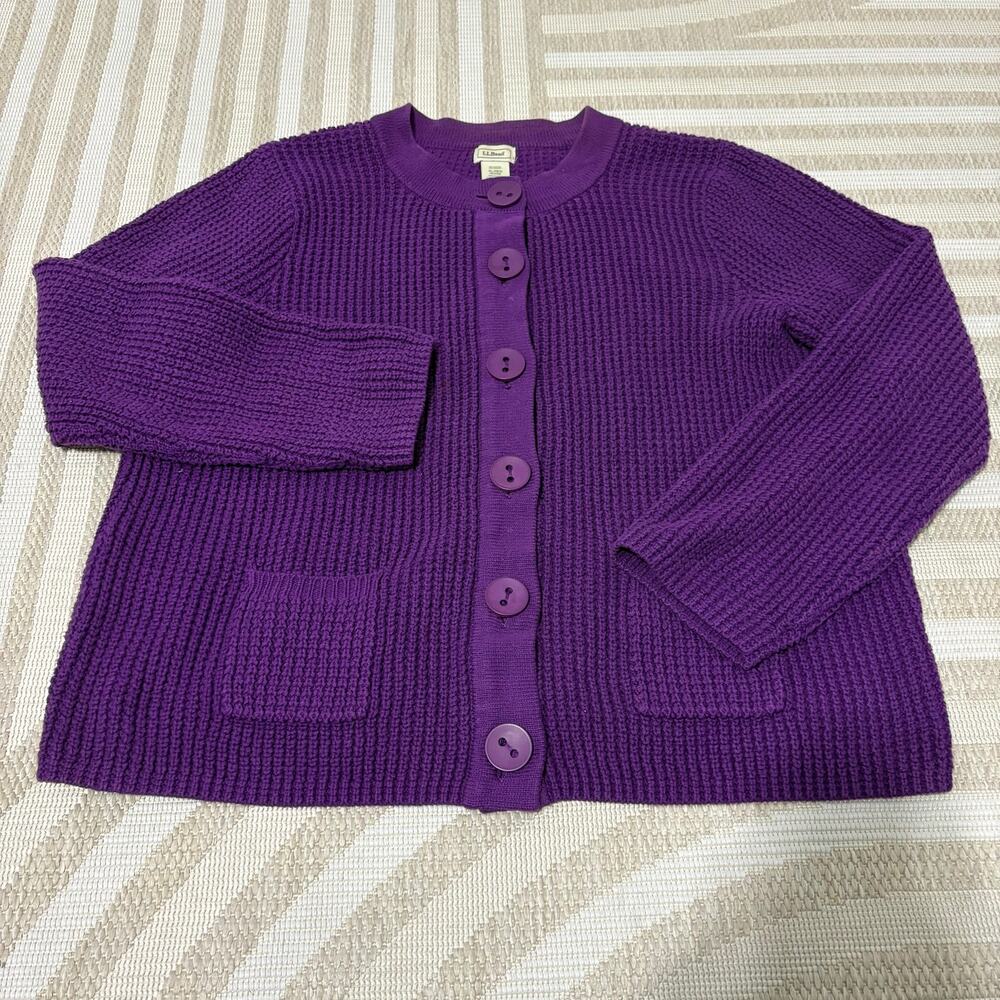 Vintage L.L.Bean Womens XL Waffle Knit Heavy Purple Sweater Cardigan Cottagecore